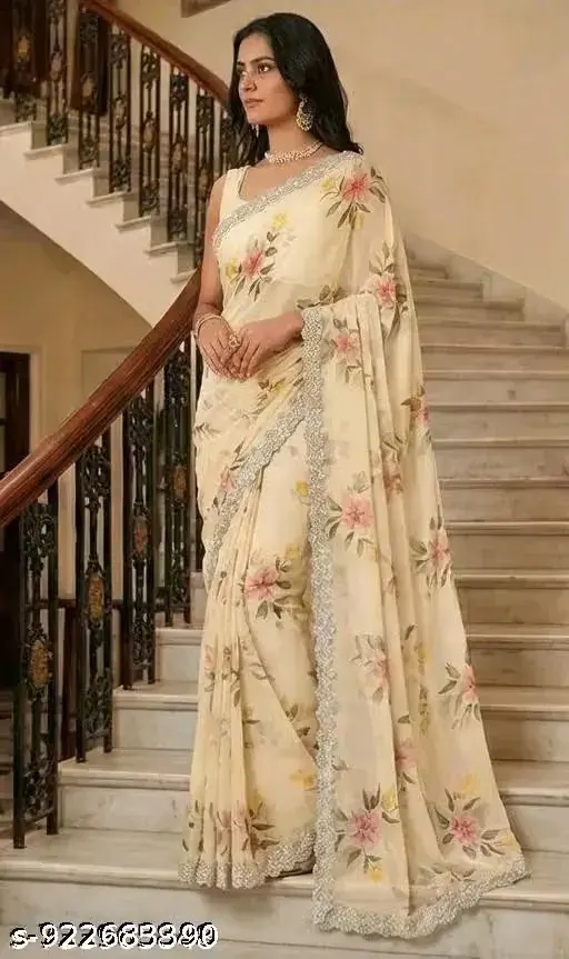 Ivory Blossom (Georgette Saree, Blouse Piece Included)