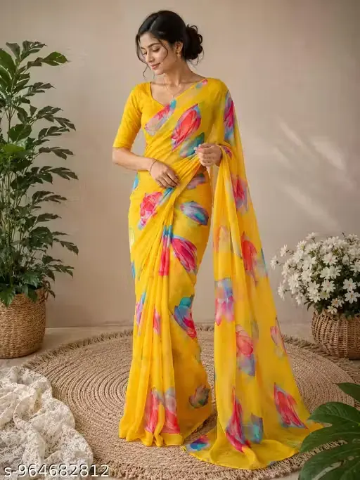 Golden Petals (Georgette Saree Blouse Piece Included)